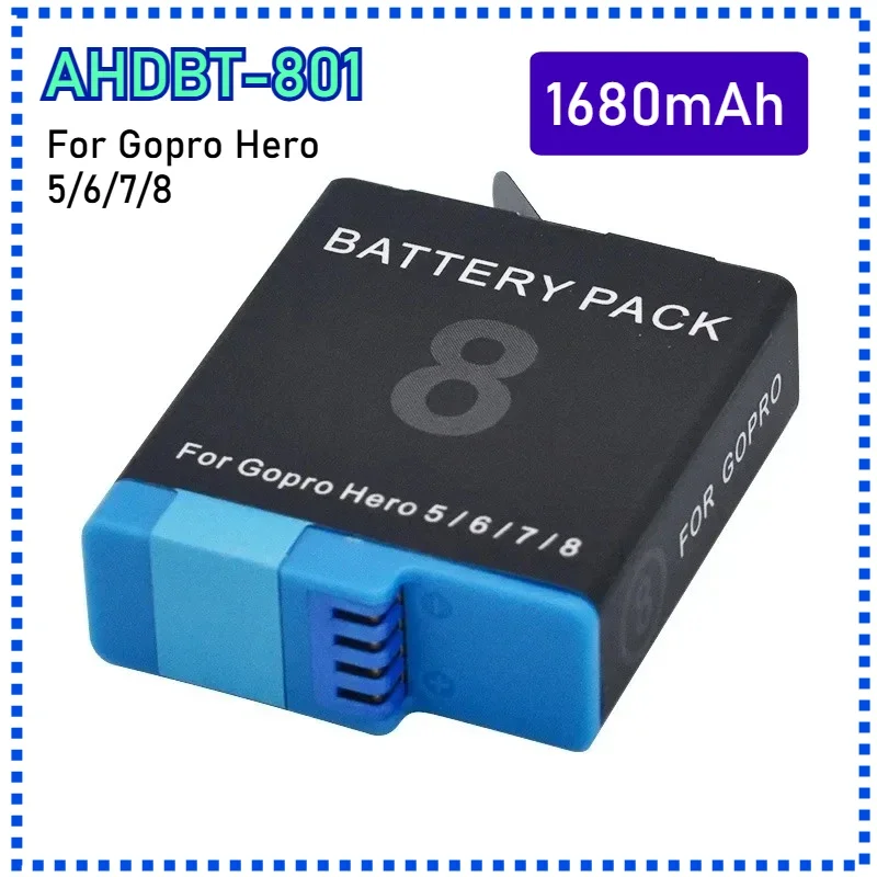 Paquete de 2 baterías de AHDBT-801 para GoPro Hero 8 7 6 5, batería recargable de iones de litio de 1680mAh con protección segura, batería de grabación larga