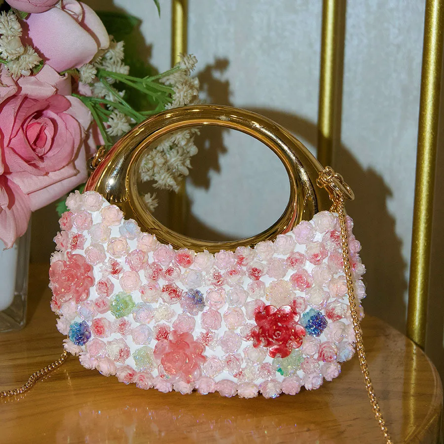 Mini Exquisite Glänzende Blumen-Acryl-Tasche, Mondförmige Einfache und Vielseitige Nischen-Tragetasche – Detail 8