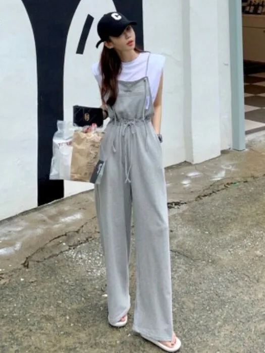 Gray Drawstring Waist Overalls Women's Loose Wide Leg Casual Pants Summer New Style Korean Simple Fashion plus Size Streetwear