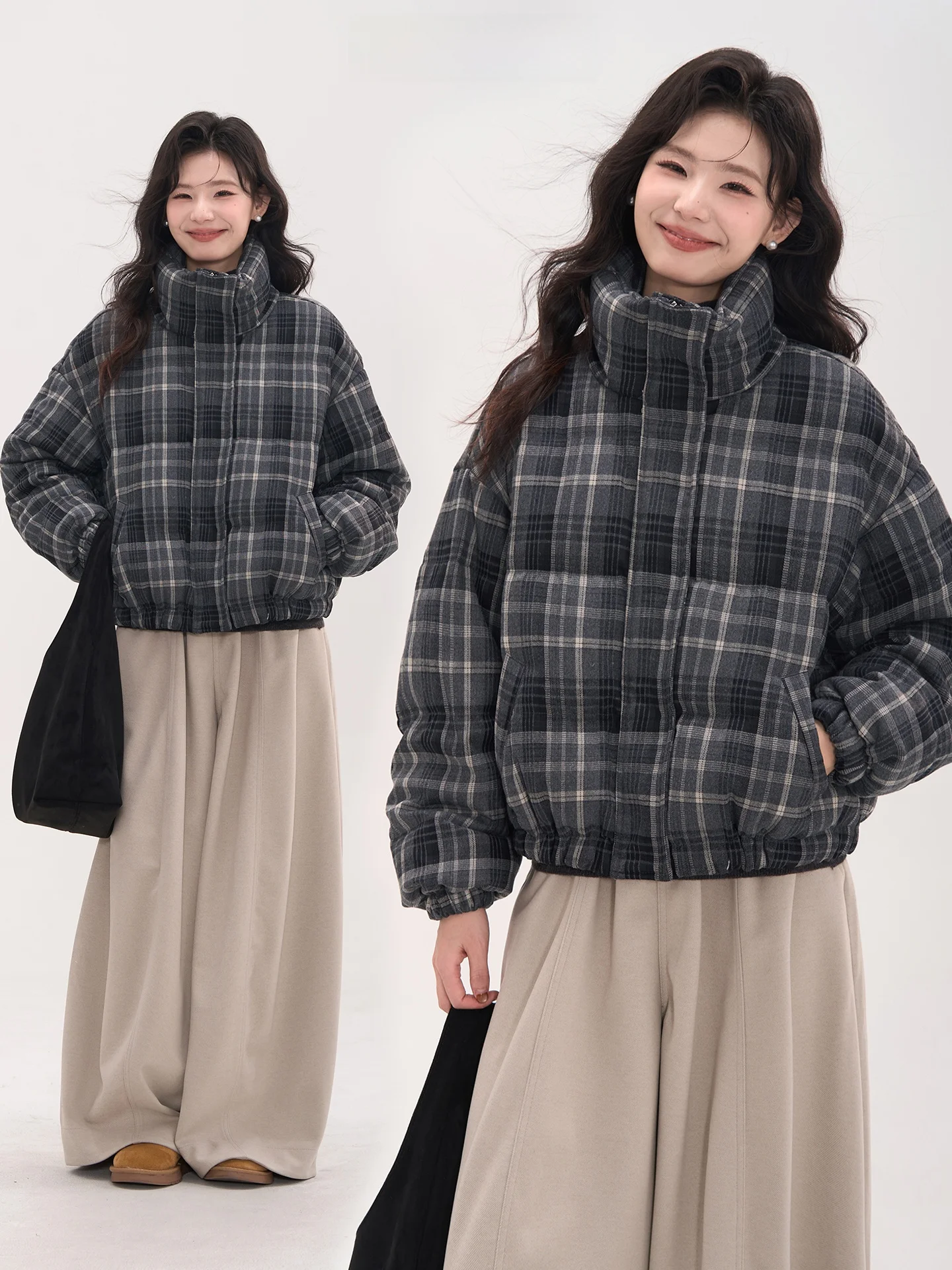 

Korean Sle Plaid Stand Collar Women's down Jaet Winter Warm Thiened Bread Sle Coat ort Length Zipper Closure