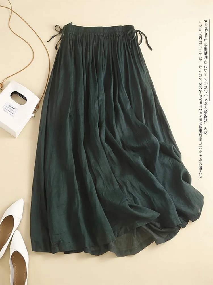 

Свободная женская юбка трапециевидной формы, художественная хлопково-льняная юбка-миди с высокой талией, двухслойная расклешенная юбка, чистый цвет