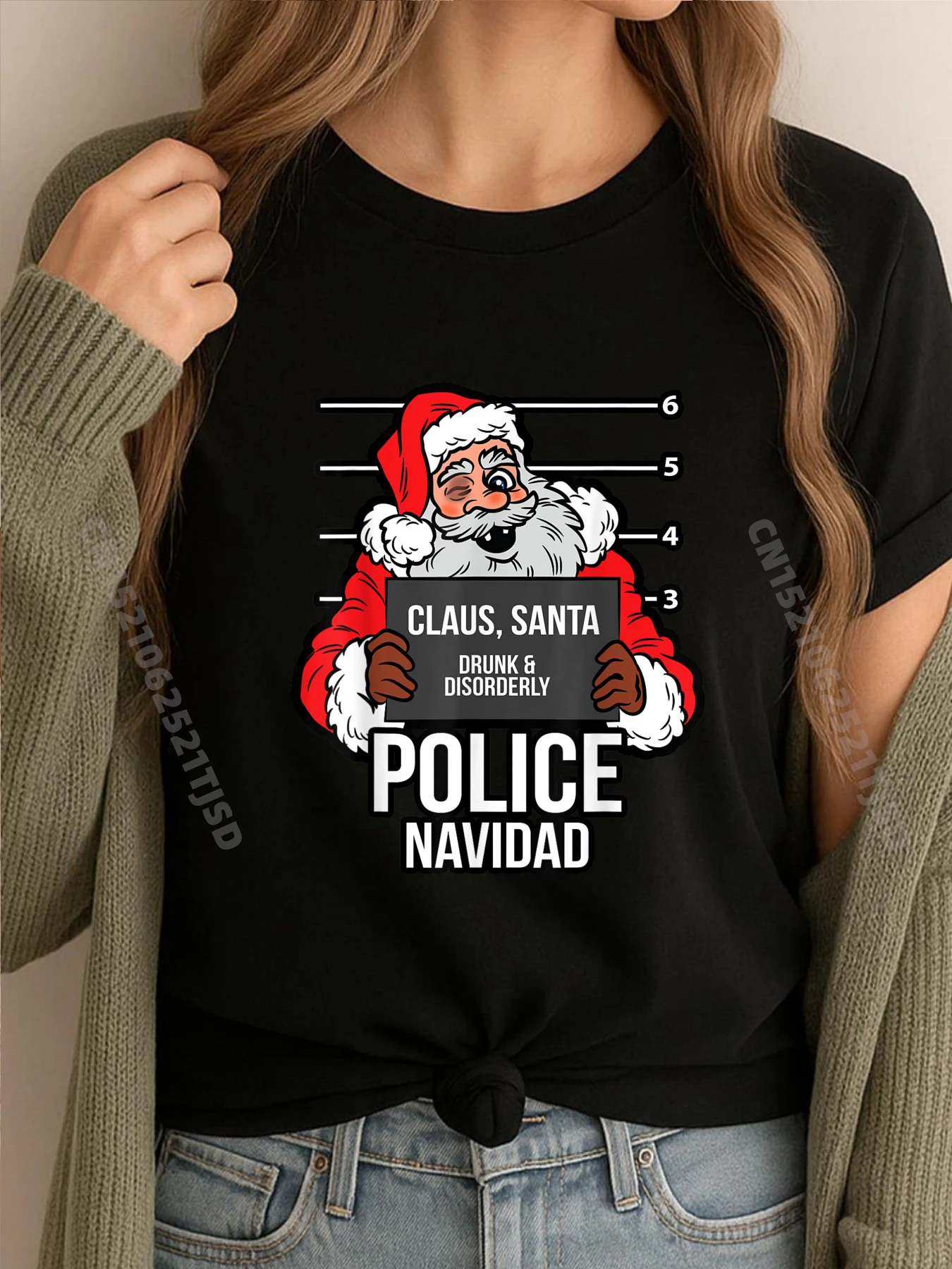 

Санта-полиция Navidad Рождественская пижама Mugshot X Mas Мужская дизайнерская футболка Винтажные футболки Иллюстрация