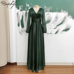 Elegant Full Sleeves Dark Green Long Evening Dress A Line Floor Length Bling Formal Women Gowns For Prom Party Dropshipping