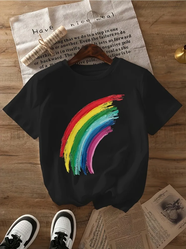 Fashionable and Creative Rainbow Pattern Printed T-shirt All-season Women's Short-sleeved Round Neck Casual Top Women's Clothing