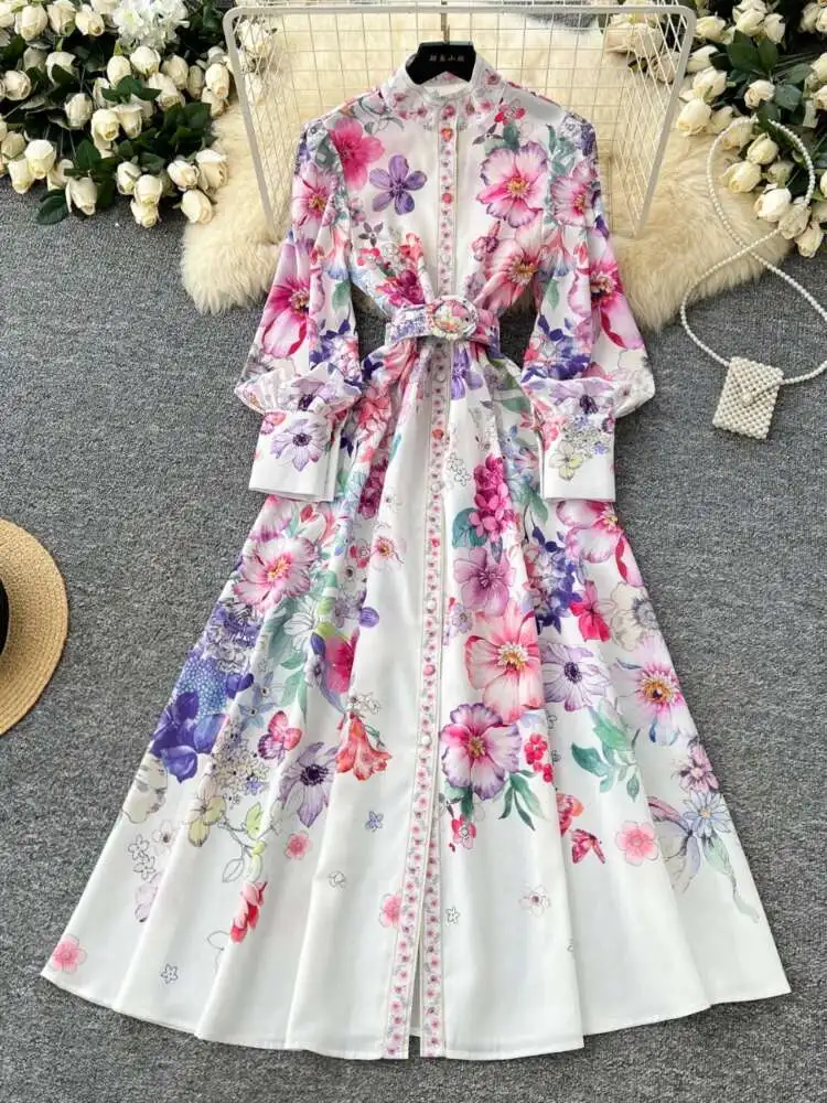 

Palace Style Long Dress Women Retro Stand Collar Single Breasted Printed Floral Party Dresses Elegant Slim A-line Long Robe