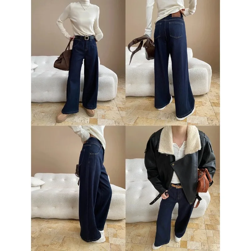 レディースデニムジーンズ 無地ジッパーフライポケットボタン エンパイアウエスト フルレングス ワイドレッグパンツ ルーズカジュアル 2025秋冬