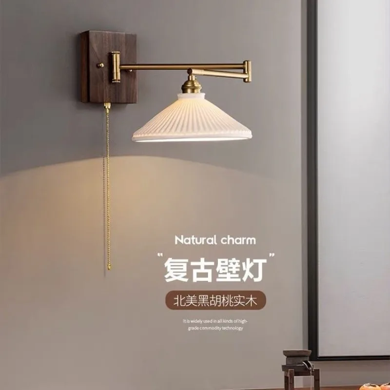 Japanese Retro Walnut Folding Wall Lamps for Study High-end Bedside Homestay Drawstring Switch Retractable LED Wall lights
