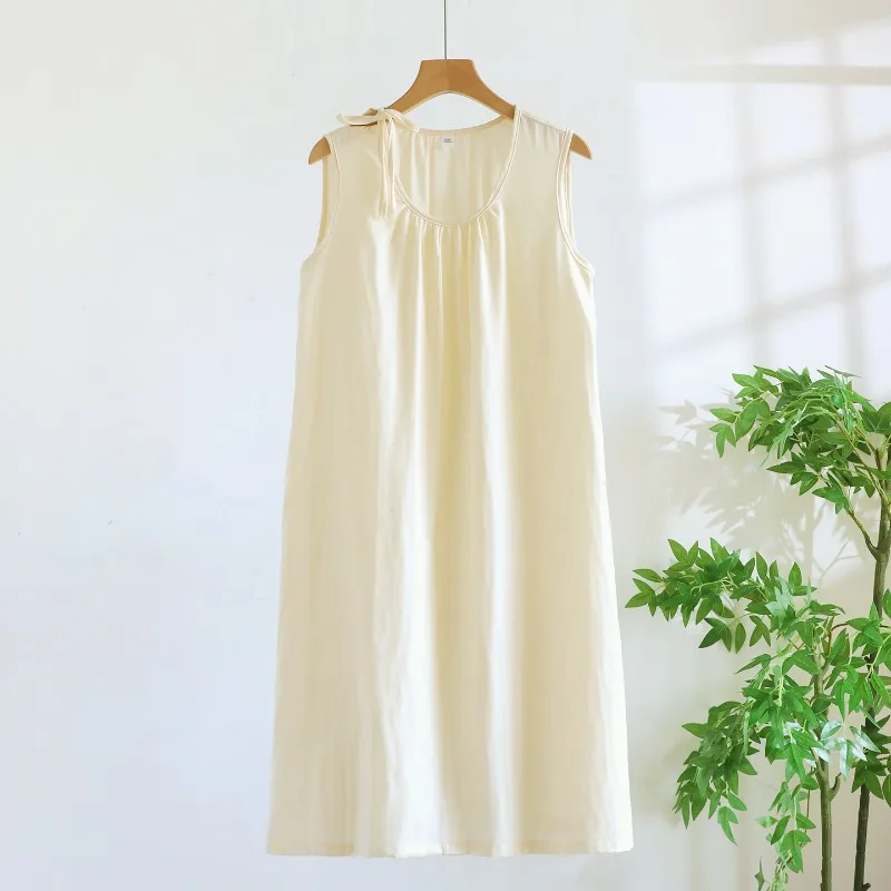 Women's Summer Thin Cotton Gauze Sleeveless Pajamas Simple Solid Color Pullover Vest  Sleep Dress Round Neck Casual Nightgowns