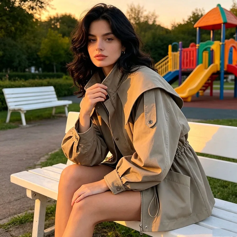 Design Sense Drawstring Waist Tooling Trench Coat Women's Loose Short Coat Texture Unique Fashion Simple Versatile High Casual