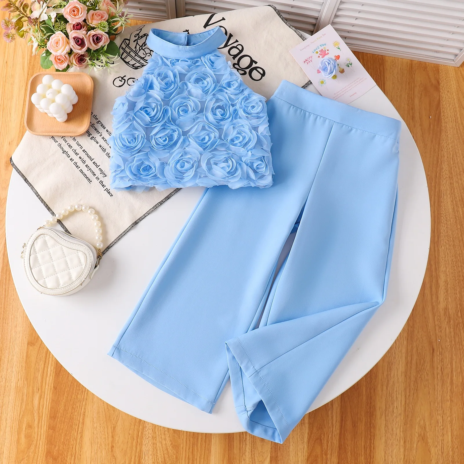 

New Arrival Toddler Girl Flower Print Sleeveless Vest & Loose Trousers Set, Fashion Two Piece Suit for 4-7Y