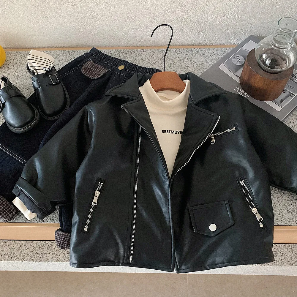 

UNITIM Toddler Boys Leather Jacket Turn Down Collar Thicken Warm Kids Baby Boys Coat Zipper Windproof Little Boys Outerwear Coat