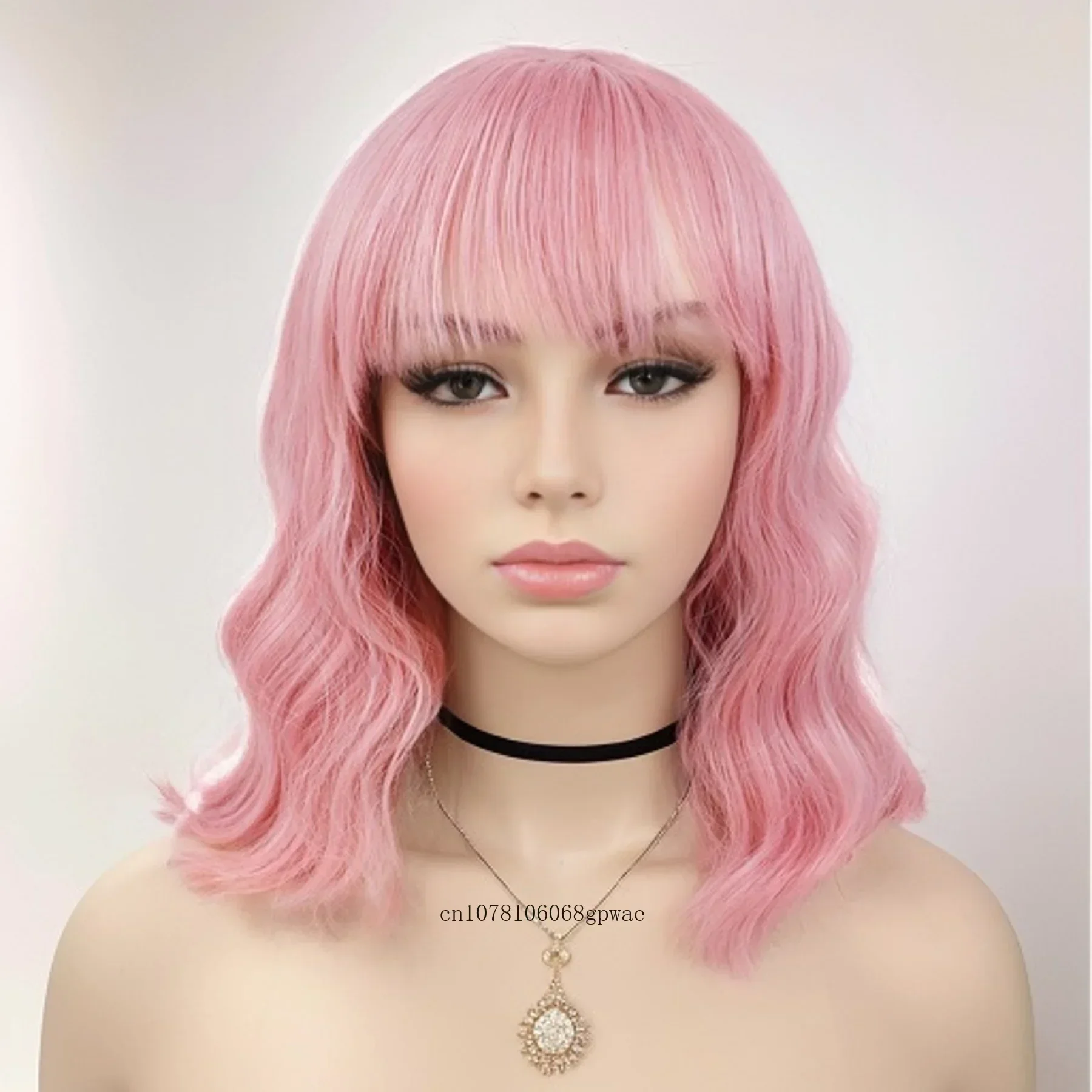 Lolita Pink Wig Synthetic Hair Fluffy Short Curly Wavy Bob Cosplay Wigs with Bang for Women Girl Lady Dress Party Heat Resistant