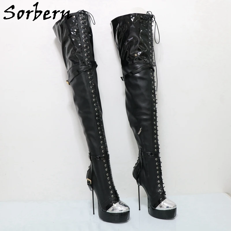 Sorbern Super Thin High Heel Boots For Women Stilettos Silver Round Toe Visible Platform Shoes Crotch Thigh High (Eu45 In Pic)