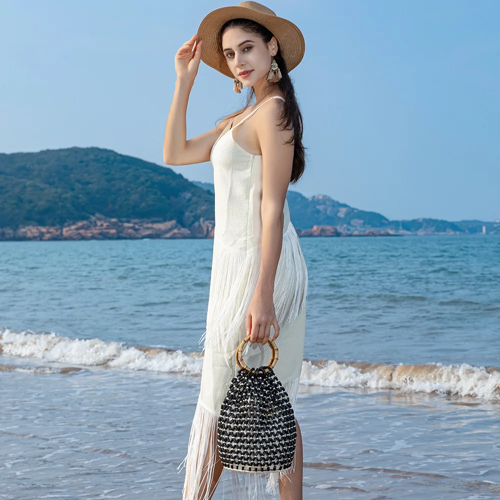 

Handwoven Wood Bead & Bamboo Tote Bag for Women - Large Capacity Beach Travel Shoulder Bag сукні для вечірок