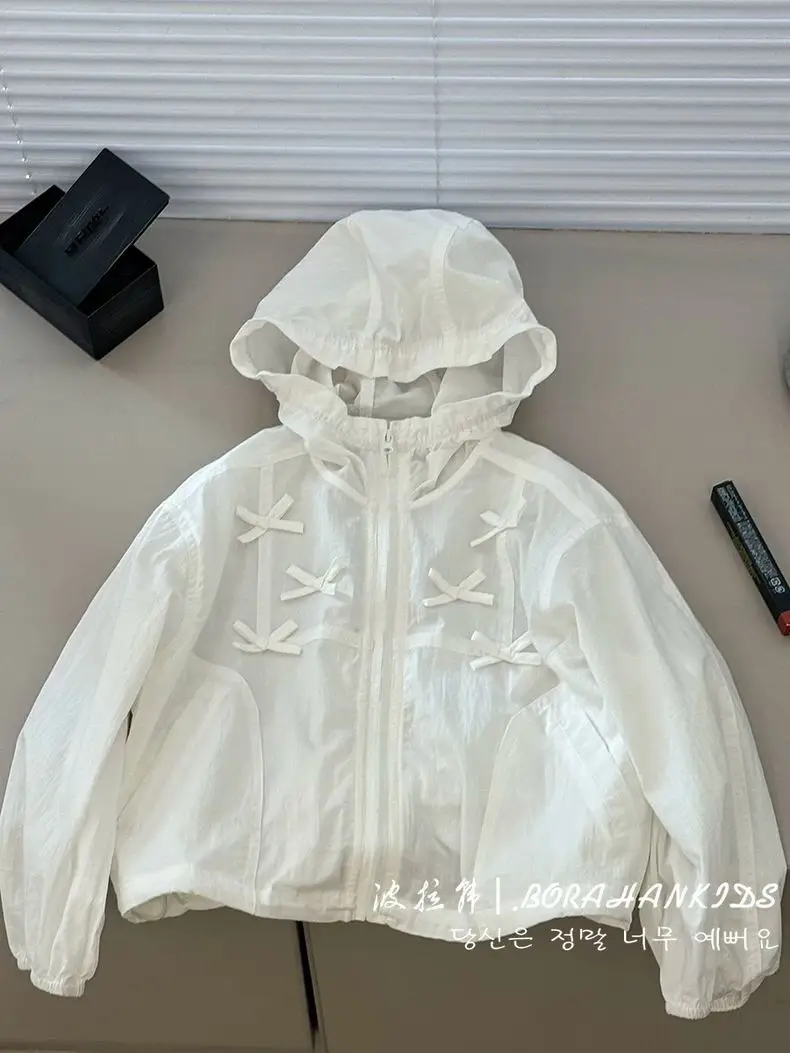 Thin Bow Jacket for Junior Girls Spring Summer 2026 Children's Loose Sunscreen Clothing Teen Girl Outerwear Hooded White Top