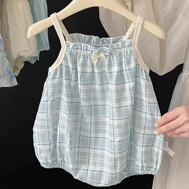 

2026 Summer New Baby Girl Clothes Cute Infant Plaid Camisole Bodysuit Stylish Baby Sling One Piece Romper Daily Casual Wear