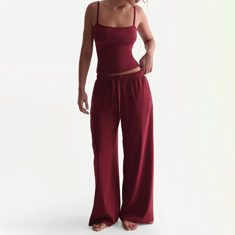 Casual Daily Women 2 Piece Set Basic Active Solid U-neck Backless Camisoles Top+Loose Elastic Waist Pants Mujer Tracksuits