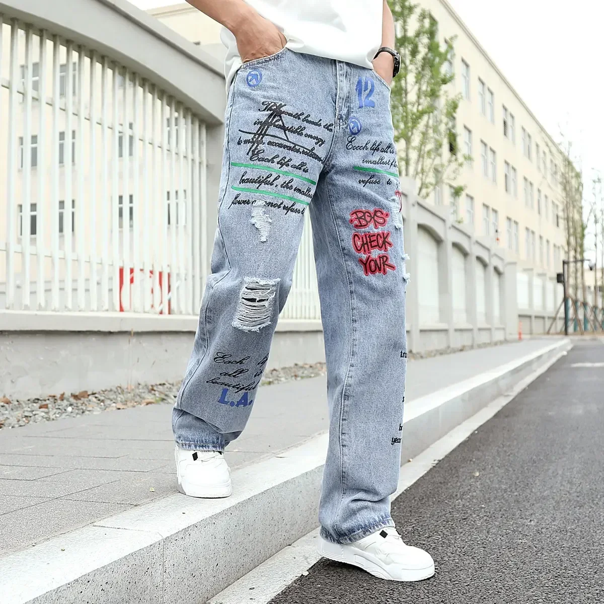 Men\'s y2k Baggy Jeans Hip Hop Ripped Trousers Harem Cartoon Loose Graffiti Printing Denim Casual Pants Cargo Jeans for Men