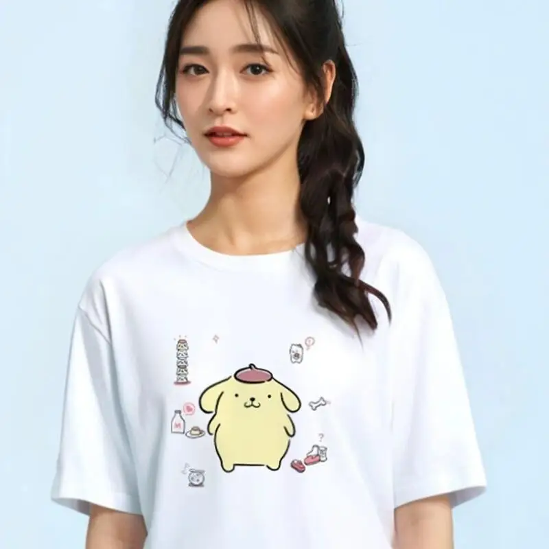 Sanrio Short Sleeved T-Shirt, Pompom Purins Girls' Summer Slimming Cartoon Cute Pure Cotton Loose Fitting Clothes Leisure Tops - view 6