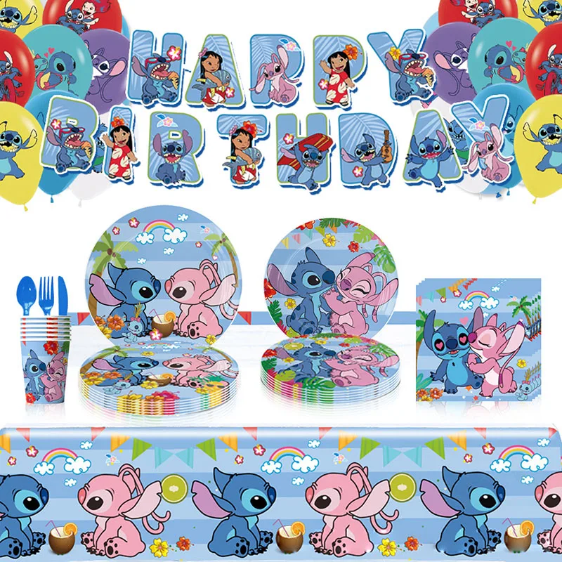 Stitch Birthday Party Decoration Pink Angel&Stitch Theme Event Supplies For Kids Balloon Disposable Tableware Banner Backdrop