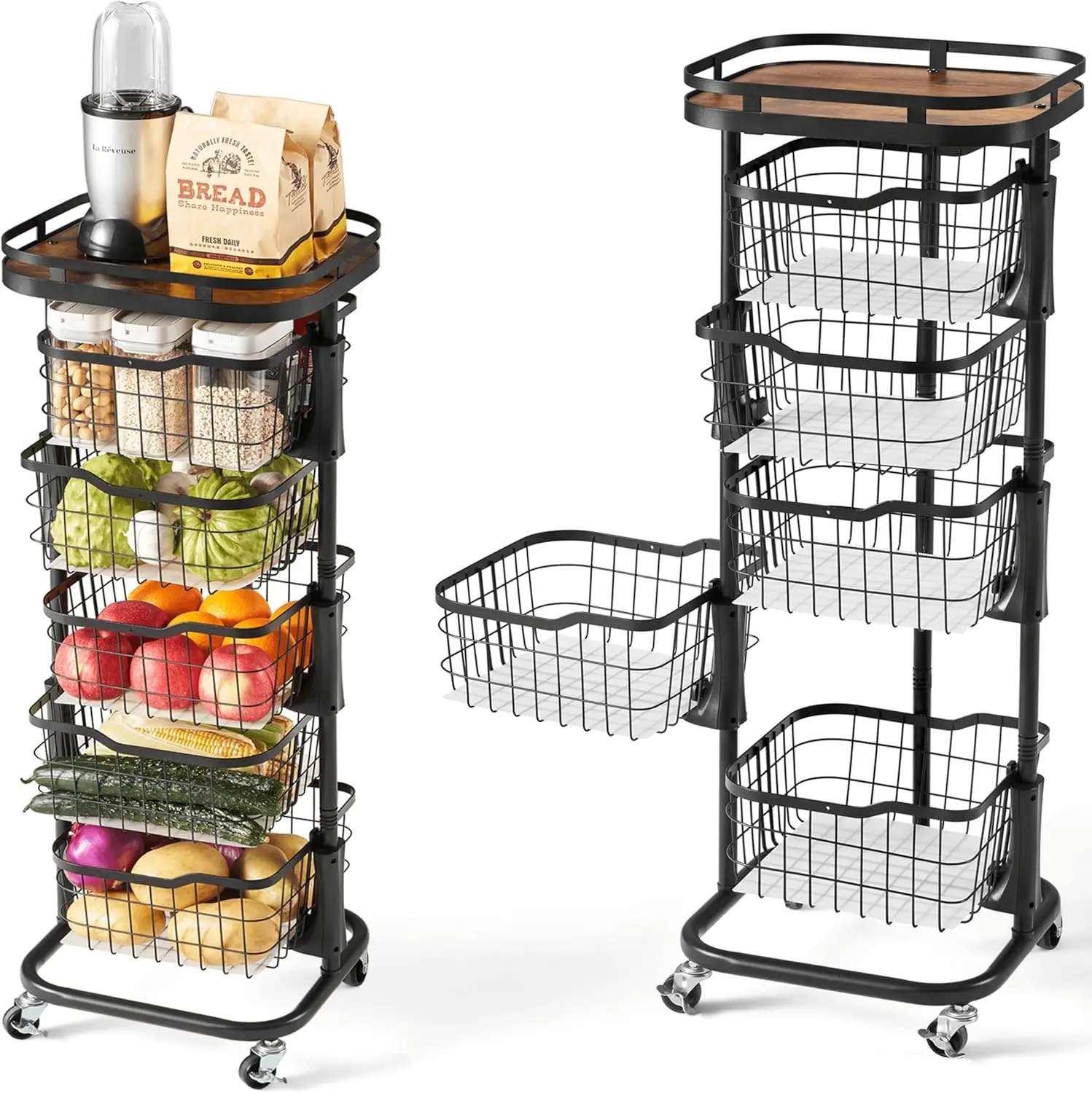 Carrito de Cocina Giratorio de 5 Niveles con Ruedas, Estante de Almacenamiento Negro para Frutas, Verduras, Cebollas, Patatas, Especias, Organizador de Despensa