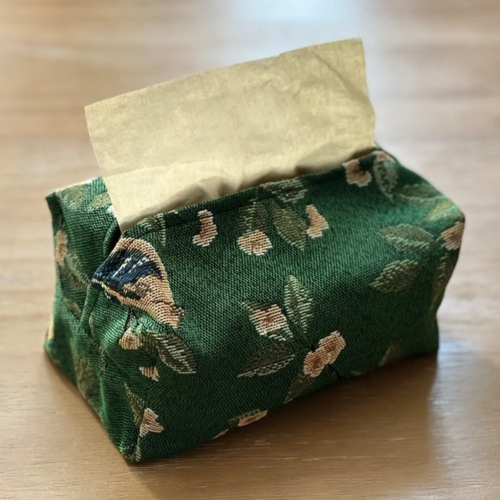Portable High Quality Retro Flower Pattern Tissue Bag Foldable Jacquard Tissue Storage Box Polyester Household Napkin Holder