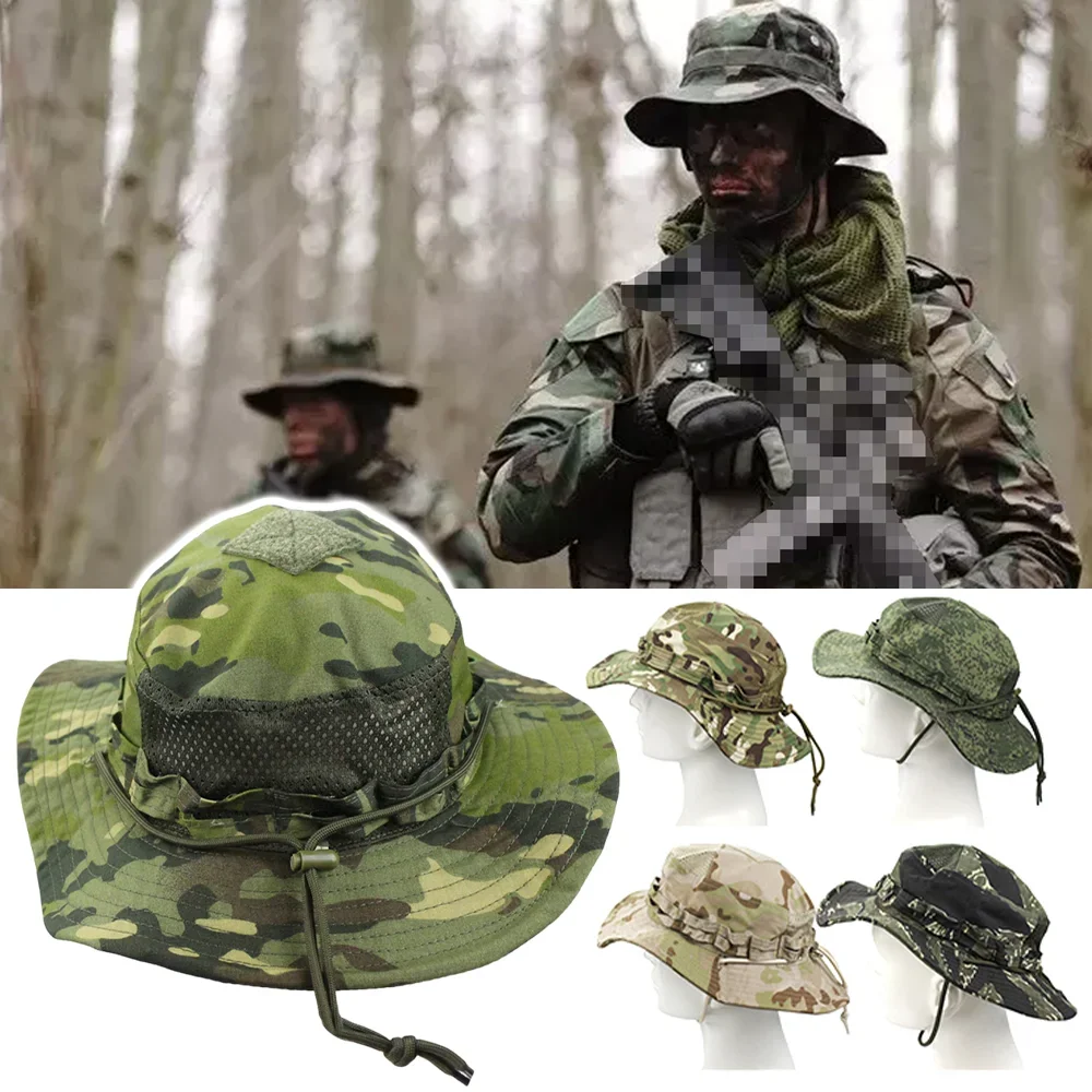 

Tactical Big Brim Benny Hats for Men Camouflage Sunscreen Caps Summer Outdoor Fishing Military Caps Mountain Climbing Camping