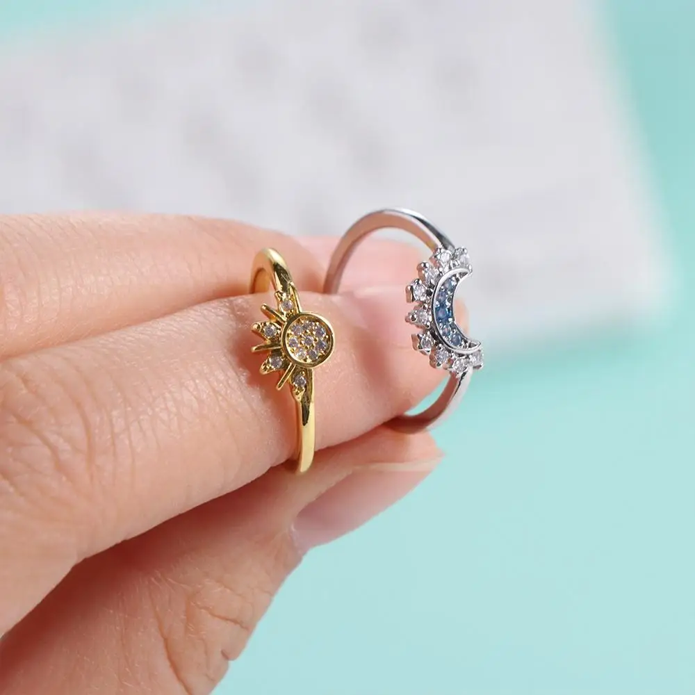 Exquisite Open Rhinestone Sun Ring Gold Alloy Moon Finger Ring Silver Korean Style Couple Adjustable Ring Overlay