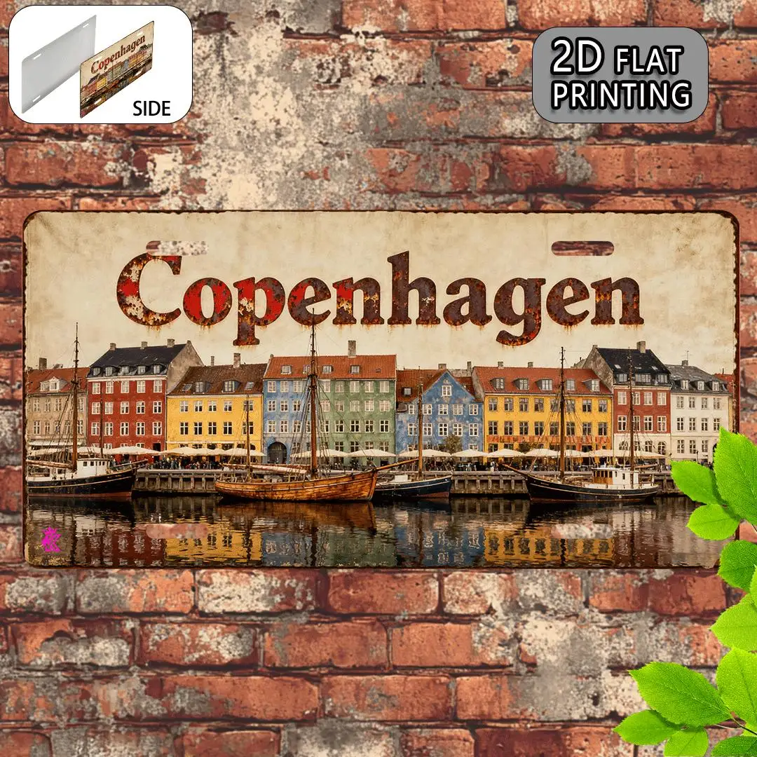 Copenhagen Denmark Nyhavn Harbor Colorful Houses License Plate Style 2D Flat Printing Metal Tin Sign, Scandinavian Travel Themed
