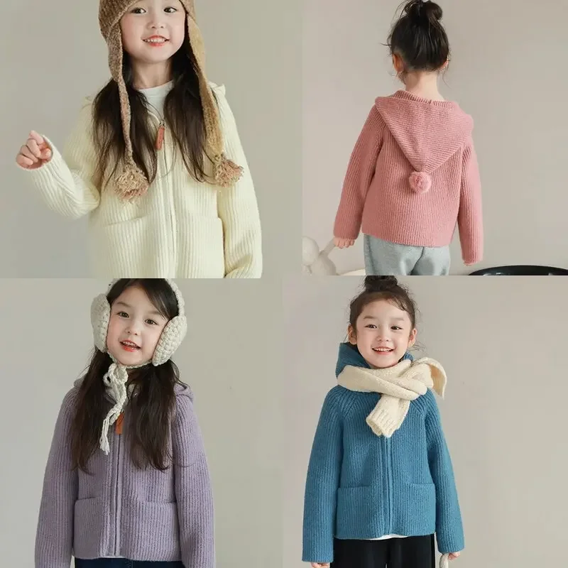 

2024 Baby Girls Knitted Hooded Sweaters Coats Zipper Jackets Fashion Kids Children Autumn Winter Knit Overcoats Children Clothes