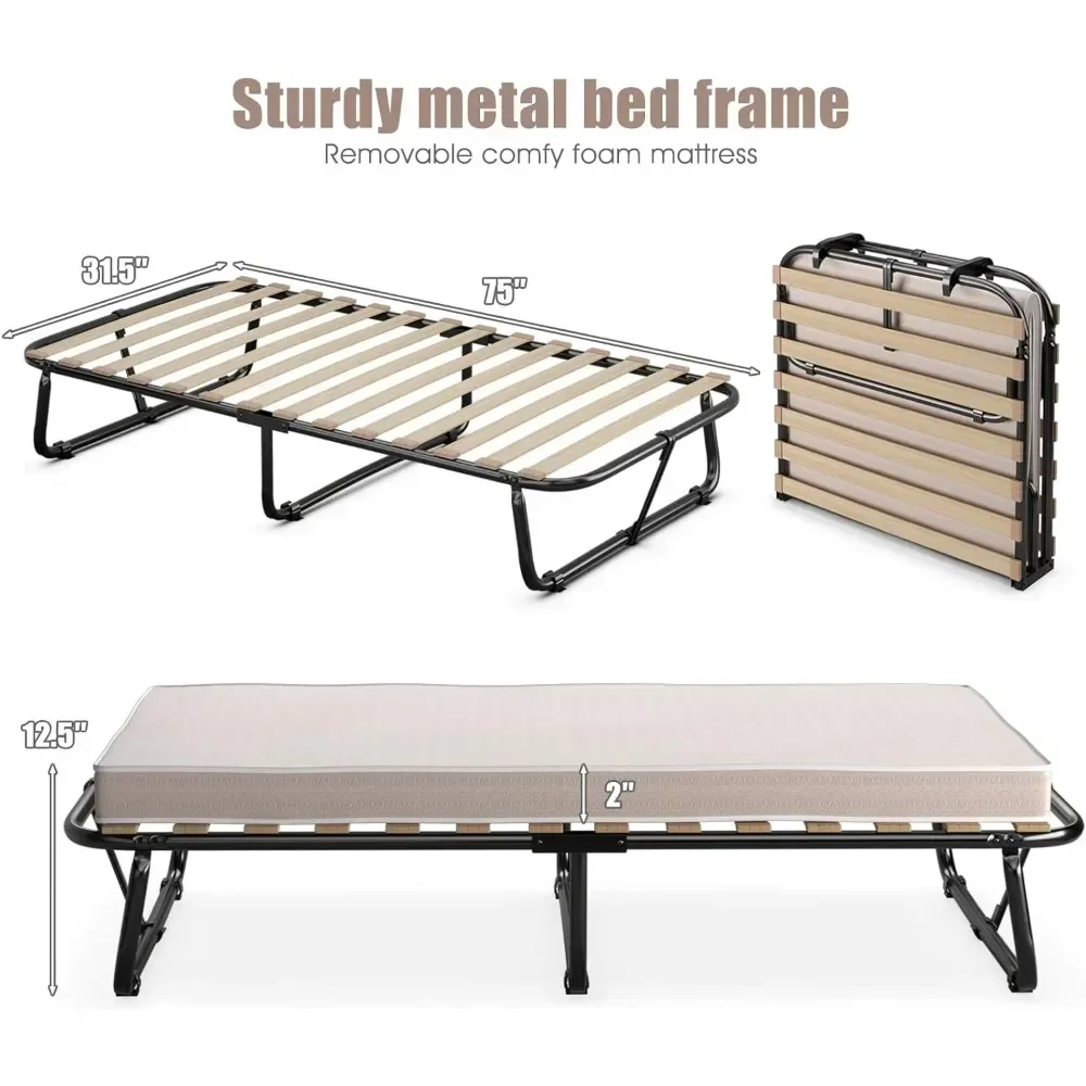 Folding bed with adult mattress, size portable guest bed, memory sponge mattress, steel frame and wooden batten