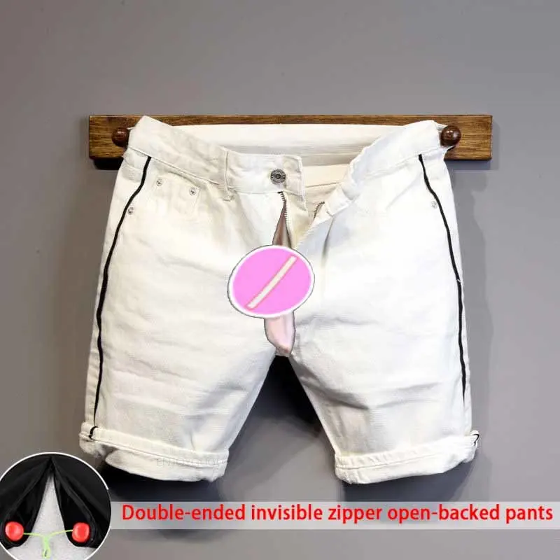 

Summer New Invisible Open Crotch Jeans Men's Stitching White Denim Shorts Men's Trendy Wild Pants Outdoor Convenience Sex Urine