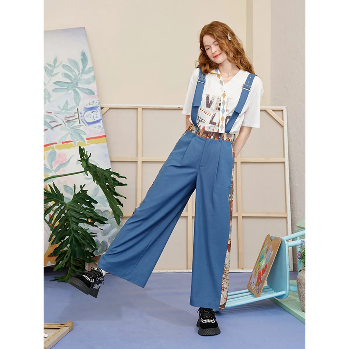 

Casual Patchwork Wide Leg Overalls for Women - Art Commuting Banquet Travel Wear