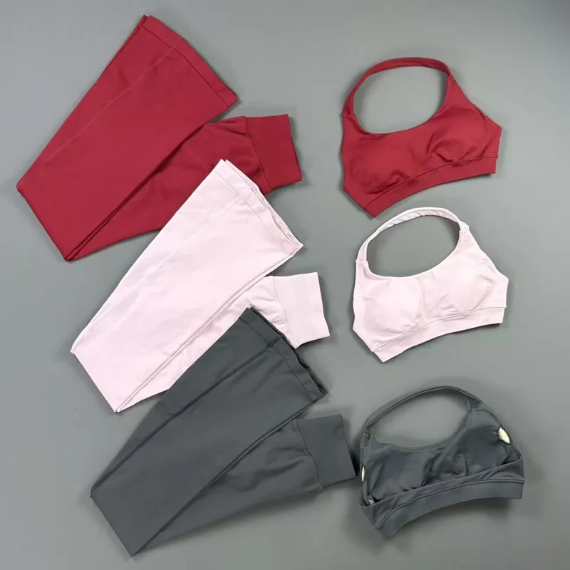 2 Piece Sports Bra Set Women Breathable Seamless Halter Top Tummy Control Flared Leggings Suit Gym Running Workout Fitness Sets