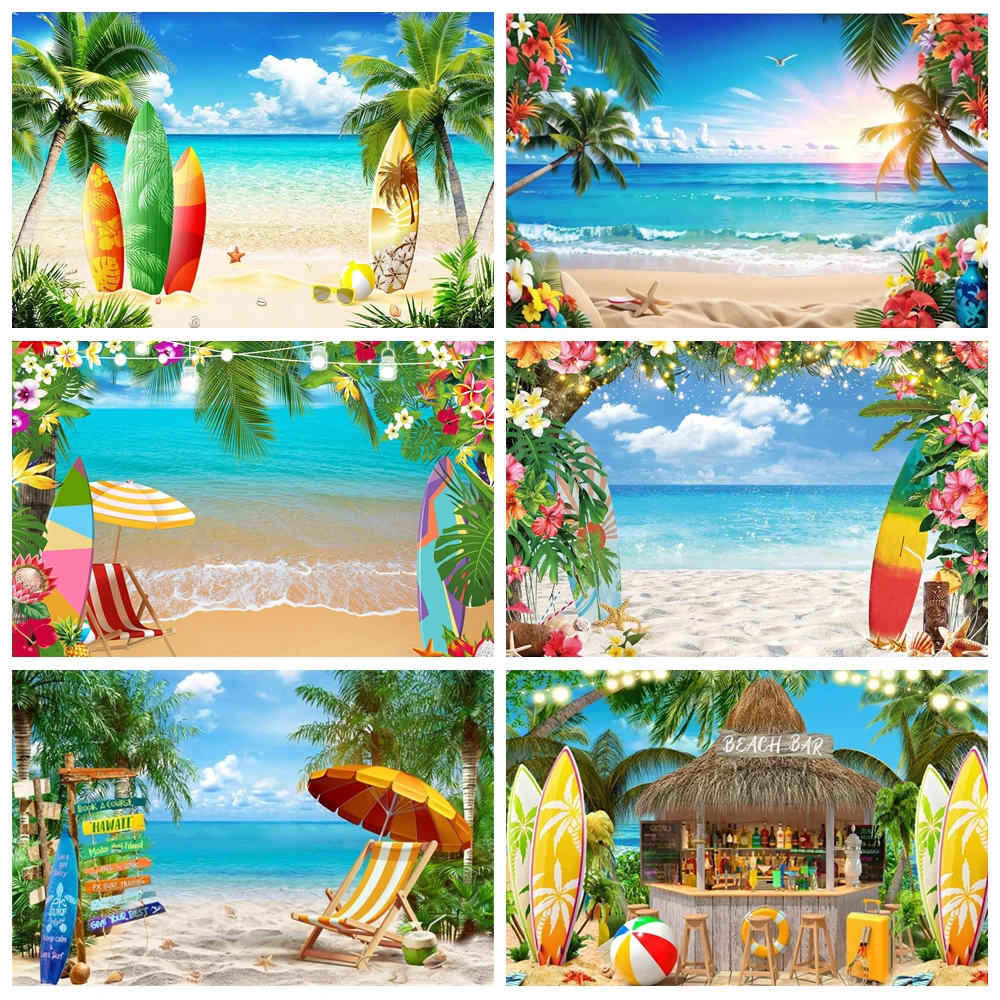 

Summer Hawaii Beach Backdrop Flowers Flamingo Surfboard Birthday Holiday Party Decor Photography Background Photo Studio Props