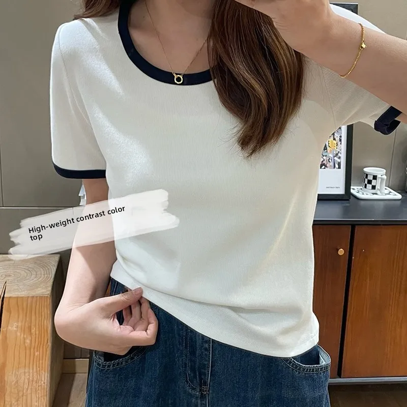 

Summer plus Size Women's T-Shirt Short Sleeve Casual U-Neck High Waist Color Block Top Korean Style Commute Fashion plus Size