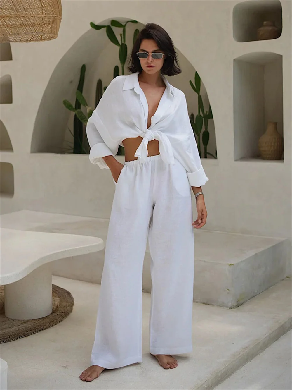 

Casual Cotton Linen Long Pants 2 Piece Set Spring Summer Solid Loose Lapel Single Breasted Shirt and Straight Trousers Suits