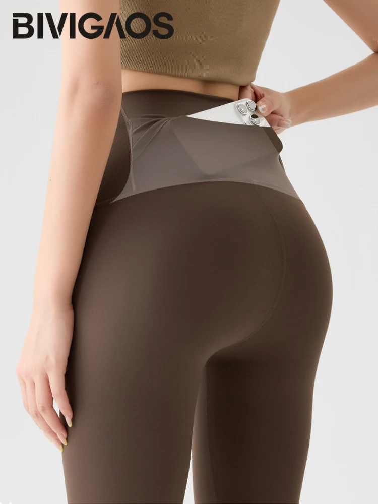

BIVIGAOS High Waist Back Pocket Sharkskin Leggings Women Tight Sexy Sports Fitness Leggings Spring Autumn Running Yoga Leggings