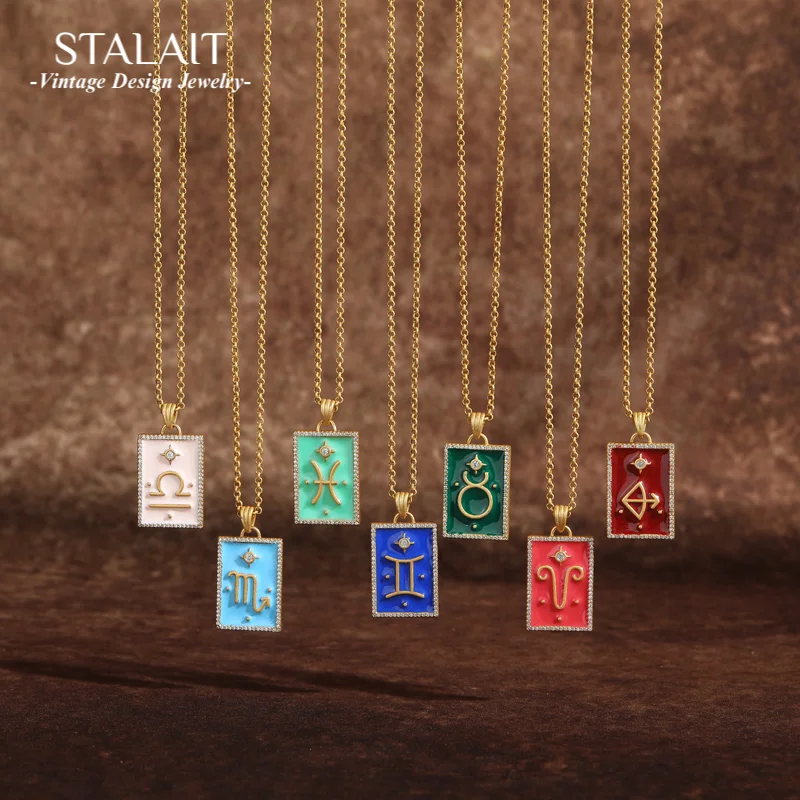 

Vintage Enamel 12 Constellation Pendants And Necklaces Colorful Square Antique Gold Color Luxury Designer Jewelry Birthday Gifts