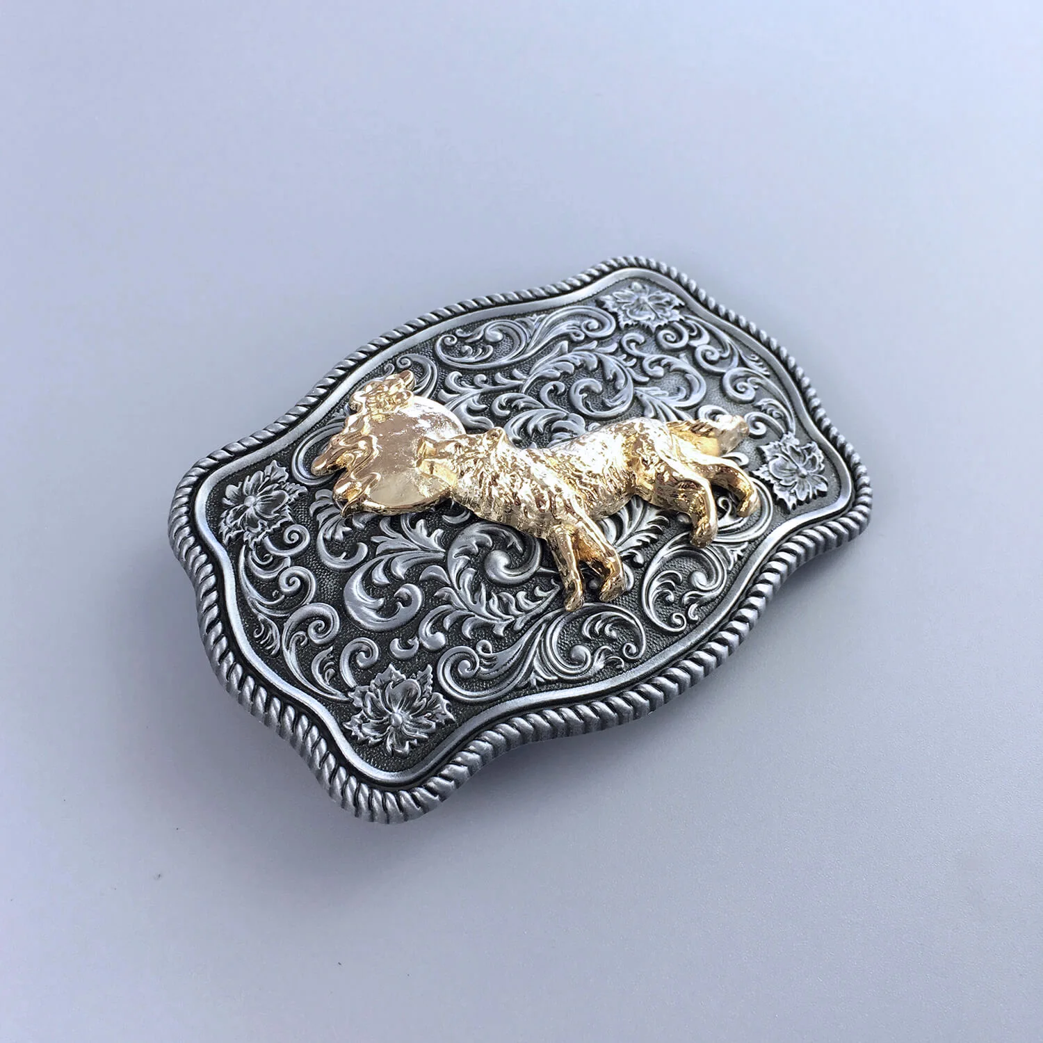 Belt Buckle Small Size Western Moon Wolf Two-Tone Silver Gold Vintage Mens Belt Accessories BK-WT142WF