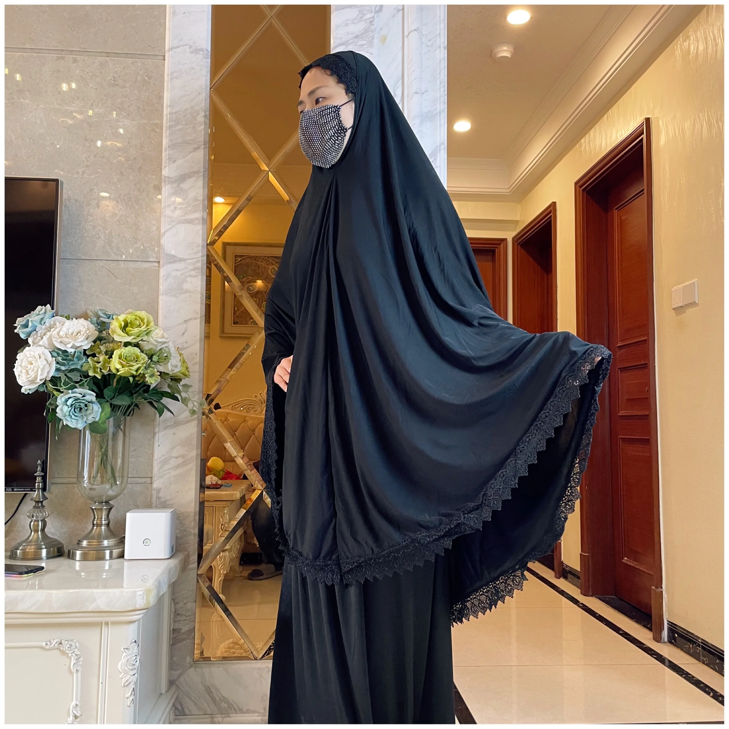 2022Women Muslim Prayer Long Khimar Lace Trim Islamic Veils Headcover Dubai Saudis Turkey Arabic Clothing Hijab Headdress