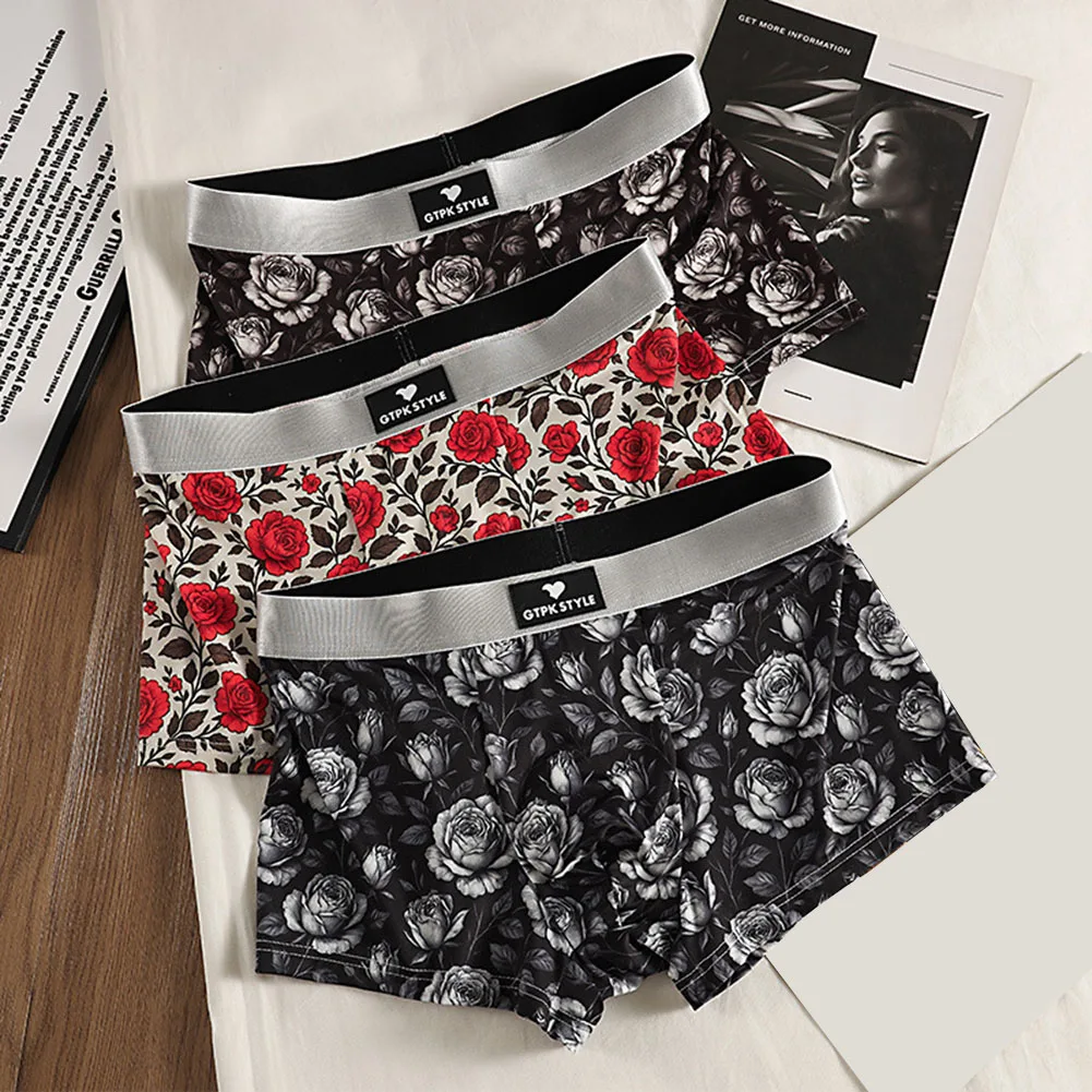 

Retro Style Men's Boxer Shorts Underwear with Breathable Fabric and Rose Pattern Flat Corner Trunks for Comfort
