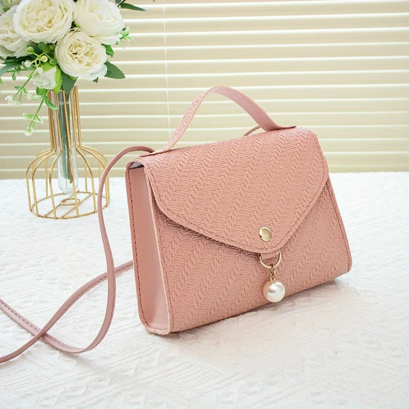 Bolsa crossbody casual feminina com miçangas, alça de ombro ajustável, bolsa quadrada pequena de ombro único com pérolas frescas e doces