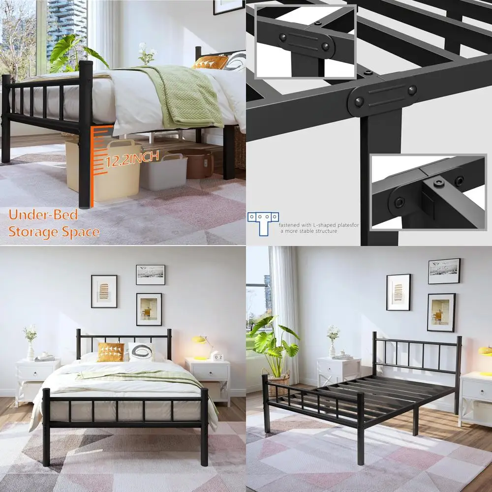

14 Twin Metal Bed Frame with Steel Slat Support, Underbed Storage, No Box Spring Needed