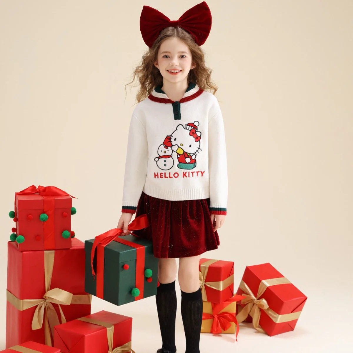 Hot Sanrio Kuromi Girl Christmas Wind Sweater Hello Kitty Kawaii Autumn and Winter Clothing Children Thickening Tops Cartoon