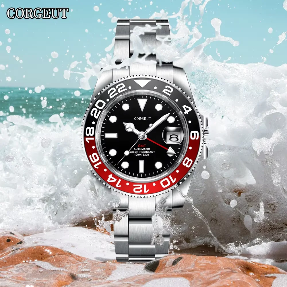 

CORGEUT 40 мм из нержавеющей стали GMT Роскошные деловые мужские часы NH34 Автоматические часы с сапфировым стеклом для нескольких часовых поясов 128 кольцо с датой