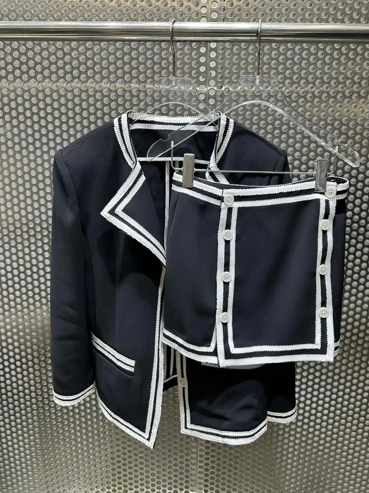 2024 Spring New Women Casual Patchwork High Quality Blazer Coat With Mini A-Line Skirt Suits Female Sets 2 Color