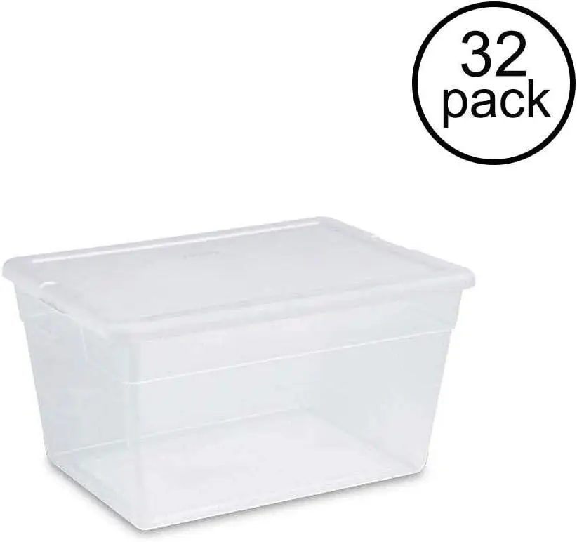 16598008 56 Quart Durable Heavy Duty Plastic Stackable Storage Container Boxes with Recessed Latching Lids, Clear (24 Pack)