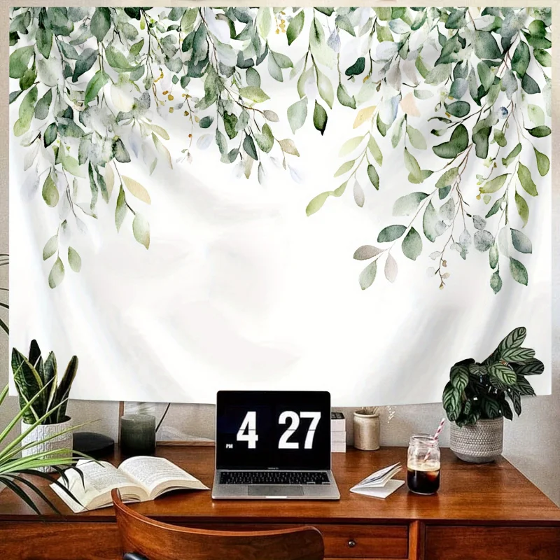 VIKAMA Green Eucalyptus Leaf Watercolour Tapestry Floral Plant Wall Hanging for Bedroom Living Room Decor