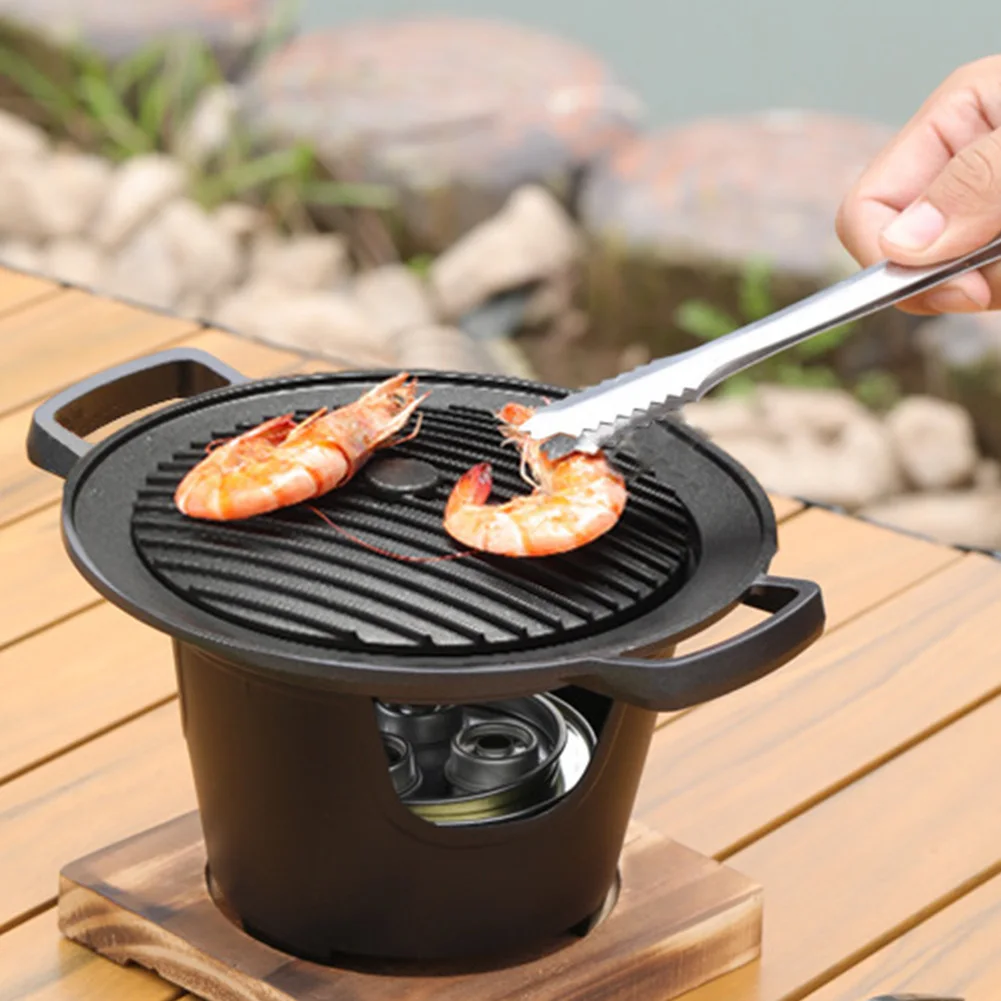 Mini BBQ Alcohol Stove Barbecue Grill Detachable Outdoor BBQ Plate Non-Stick Japanese Smokeless Alcohol Stove for Camping Picnic